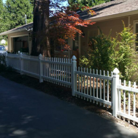 White fence outside of house surrounded by tress and bushes